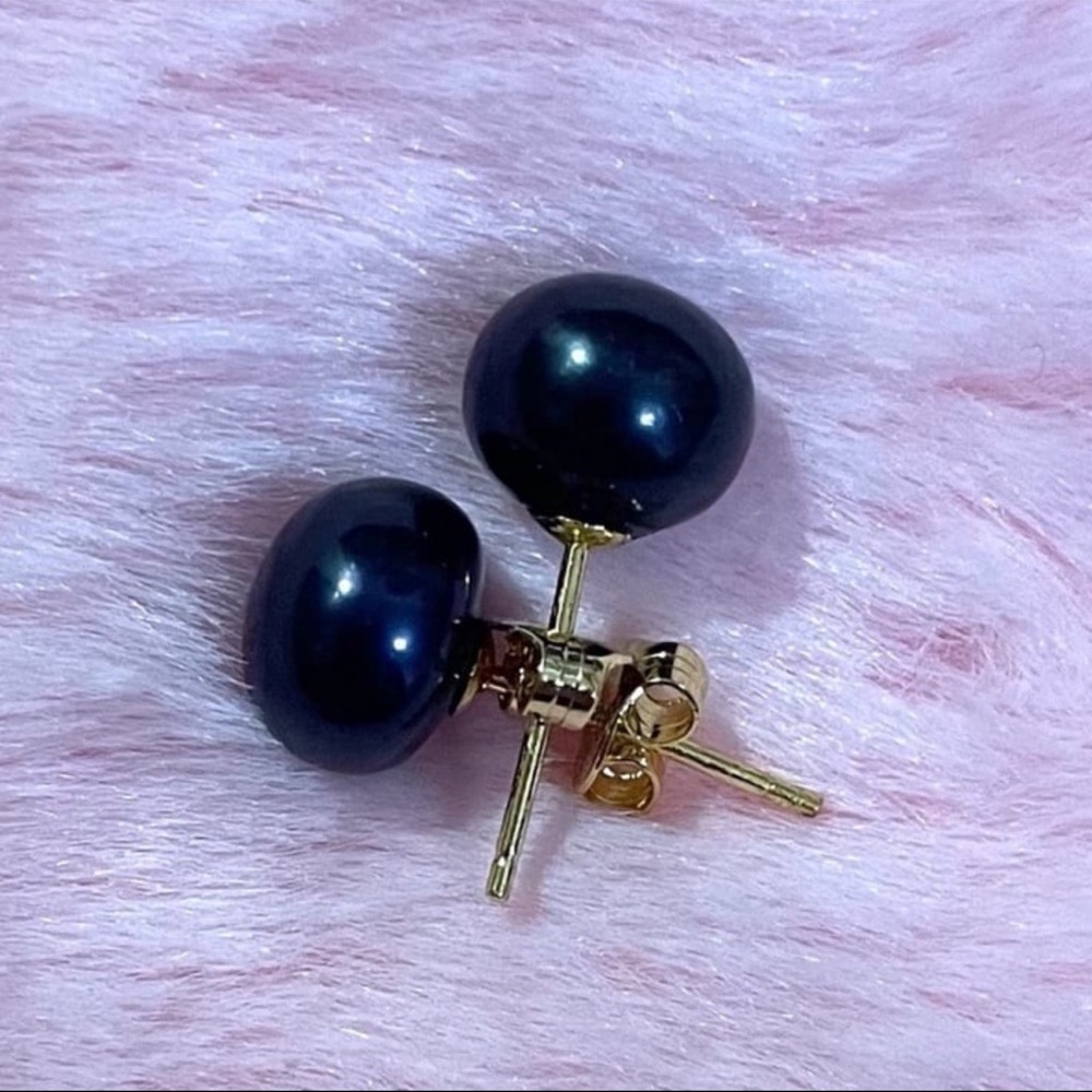14K Gold Plated Natural Tahitian Black Pearl Stud Earrings